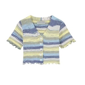 Women's Striped Knitted <b>Cardigan</b> Short Sleeve Cotton Medium <b>Thickness</b> Contrast Color Spring Summer Fashion Sweater - Product Image 4
