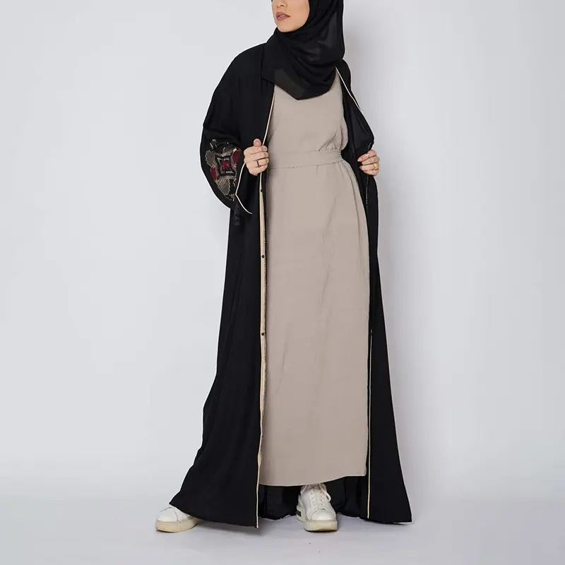 long sleeve latte inner slip dress open front abaya with hijab std1003
