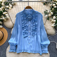 Chemisier d'été élégant pour femme à manches longues, orné de fleurs 3D et de volants, style français, idéal pour le bureau