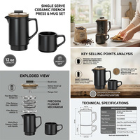 Cafetière à piston en céramique 450 ml, tasse empilable avec couvercle en noyer, rétenteur de chaleur avec poignée ergonomique