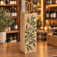 Sac cadeau en papier kraft pour bouteille de vin avec poignées torsadées, imprimé branche d'olivier sur le devant - Brun naturel