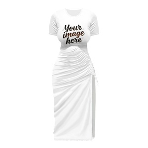 Abito <span class=keywords><strong>midi</strong></span> da donna personalizzato <span class=keywords><strong>con</strong></span> stampa, a maniche corte, girocollo, <span class=keywords><strong>con</strong></span> arricciatura laterale e <span class=keywords><strong>spacco</strong></span>, vestibilità slim, casual, per feste, vacanze, estivo - Product Image 3