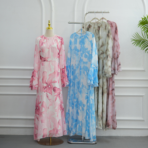 Loriya 2026 Abaya Estiva in Chiffon Floreale a Due Strati con Maniche Svasate, Vestito Lungo Islamico Modesto per Donna, Vendita all'Ingrosso - Product Image 6