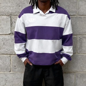 Camisa Oversize Vintage con Rayas Bordadas y Hombros Caídos, Estilo Boxy, Personalizada, Streetwear para Hombre, Manga Larga, Tipo Rugby Polo, Venta al Por Mayor - Product Image 1