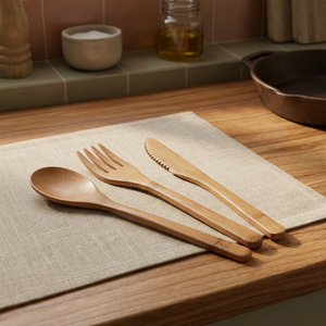 Ensemble de couverts vintage réutilisables et durables en bois d'acacia léger avec manches en acier inoxydable, finition miroir, portable pour les fêtes BS - Product Image 1