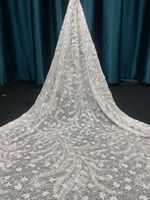 HY3410 Kain Brokat Prancis Chantilly Putih Terang dengan Mutiara Berkilau dan Hiasan Manik-Manik 3D untuk Gaun Pengantin, 5 Yard