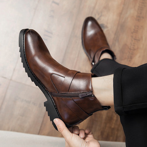 Botas de Vestir Casuales de Invierno para Hombre, Estilo Western, con Cierre Lateral y Hebilla, Color Marrón y Negro, Botas para Mujer, Diseño Plano y Cómodo - Product Image 4