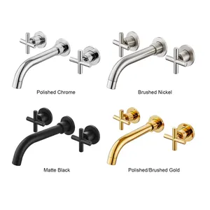 Gold Brushed Wall Mount Bathroom Basin Brass Faucet 3 Holes For Hotel Washroom Taps And Faucets