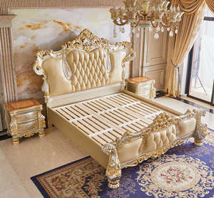 Cama Doble de Madera Maciza con Cuero y Lámina de Oro Jade, Elegante Juego de Dormitorio Principal de Estilo Europeo, Cama de Roble para Villas y Bodas - Product Image 5