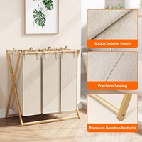 Panier à linge en bambou naturel écologique CF 150L, grand format, avec cadre en X, amovible, pliable, 3 sections, pour la salle de bain