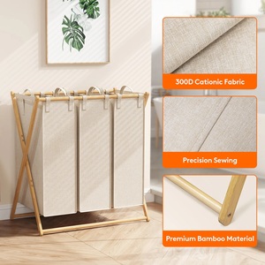 Cesto per Bucato CF 150L Grande, Ecologico, in Bambù Naturale con Struttura a X, Rimovibile <span class=keywords><strong>e</strong></span> Pieghevole, 3 Scomparti per <span class=keywords><strong>Bagno</strong></span> - Product Image 3
