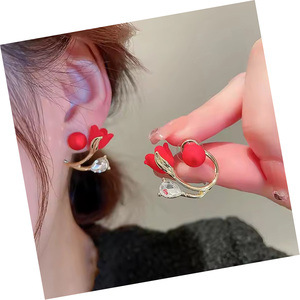Two Wear <b>Earrings</b> Diamond <b>Crystal</b> Ginkgo Red Flower Pearl Tulip <b>Stud</b> <b>Earrings</b> for Women - Product Image 5
