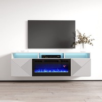 Meuble TV mural flottant moderne blanc sur mesure avec finition haute brillance, porte cannelée et éclairage LED