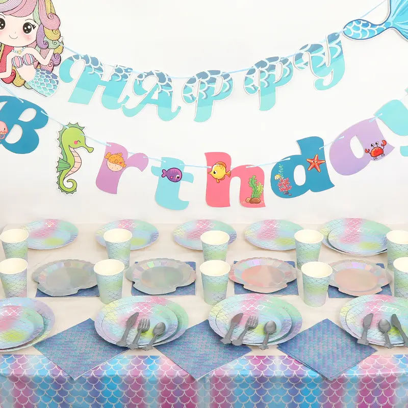 Summer Hot Silver Mermaid Fish Scale Birthday Party Supplies Paper Cup Plate Pull Flag Tableware Set