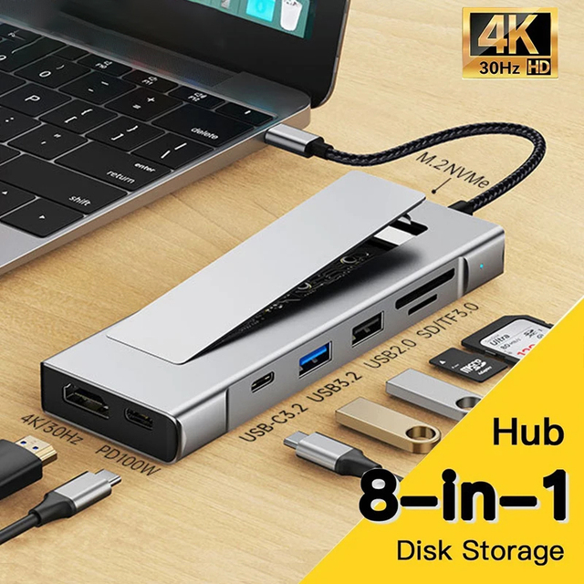 Xput 8 in 1 Type C Aluminum Alloy Docking Station 100W PD & 4K30Hz for Adapter USB 3.2/2.0 SD/TF Support Dual NVME+NGFF Stock