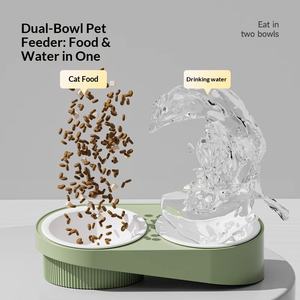 ชามอาหารและน้ำแบบพกพา 2in1 สำหรับสุนัขและแมว ทำจากเซรามิกและสแตนเลส ดีไซน์ชามคู่พร้อมขอบเอียง - Product Image 4