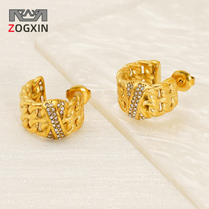 ZOGXIN Gold Plated Stud Earrings Geometric Chain Design With Diamond Inlay Party Jewelry - Product Image 1