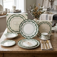 Ensemble d'assiettes en céramique vertes méditerranéennes, vente en gros, vaisselle en porcelaine vintage à motifs géométriques pour mariage, restaurant, vente au détail
