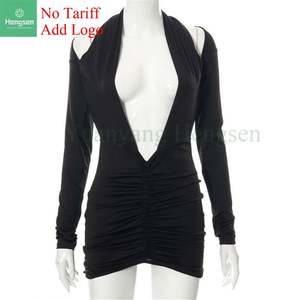 2022 abito Casual moda profondo scollo a v Mini abito a maniche lunghe senza schiena estate e autunno abito Sexy collant da <span class=keywords><strong>donna</strong></span> - Product Image 1