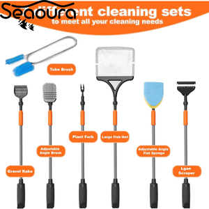 طقم أدوات تنظيف حوض السمك SEAOURA SR-513 7 في 1 قابل للتمديد مع فرشاة بزاوية قابلة للتعديل ومجرفة حصى وشبكة أسماك ومكشطة إسفنجية - Product Image 1