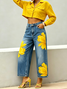 2026 <strong>Women</strong> <strong>Yellow</strong> Floral Print Cropped Wide Leg <strong>Jeans</strong> High Waist Light Wash Loose Ankle Denim <strong>Jeans</strong> - Product Image 2