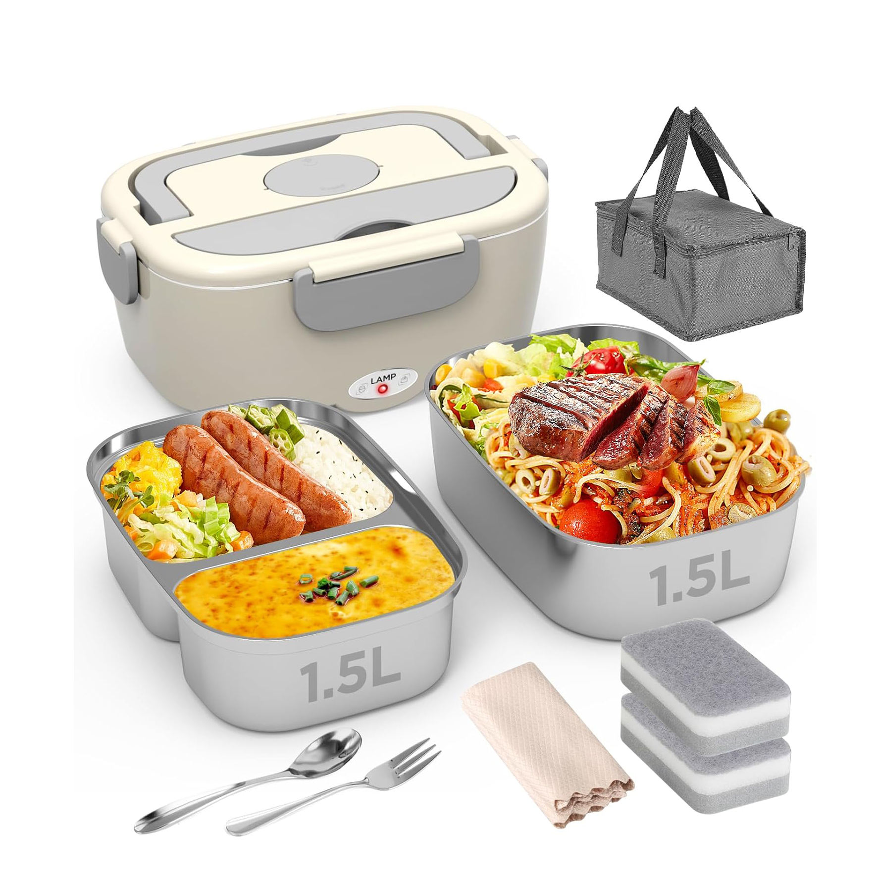 electric lunch box with fork spoon and bag