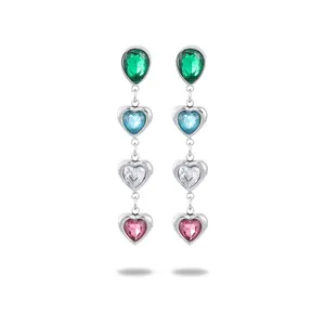 Fashion 316l Stainless Steel Jewelry Fancy Heart Rhinestone Diamonds Tassel Waterproof Earrings Wholesale Bulk