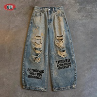 Jeans baggy déchirés et délavés pour hommes, coupe large, imprimé lettres personnalisé, style vintage, taille mi-haute, Y2K, grunge, hip hop, OEM