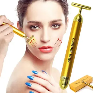 Custom Logo 24k Gold Energy Beauty Bar Facial Massage Skin Lifting Care Electric T Shape Vibrating Face Roller