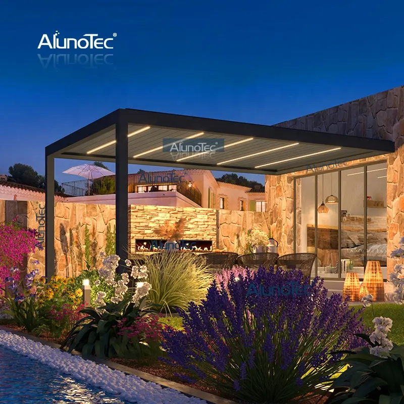 AlunoTec elektrik açma Louvre çatı Gazebo su geçirmez alüminyum Pergola biyoklimatik Pergola