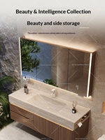 Ensemble de meuble-lavabo mural de style médiéval avec vasque intégrée en porcelaine à bordures courbées à chaud et rangement intégré, IPX7