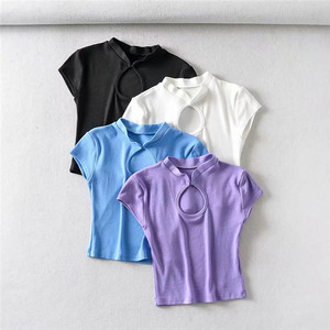 T-shirt à manches courtes pour femmes, haut court avec découpe découpée, Style chinois, haut moulant froncé, <span class=keywords><strong>en</strong></span> coton, été, - Product Image 2