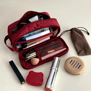 Rectangular Storage <strong>Bag</strong> with Mesh <strong>Compartments</strong> in Red, Black, and Pink, Large Capacity Portable Travel Women's <strong>Makeup</strong> <strong>Bag</strong> - Product Image 2