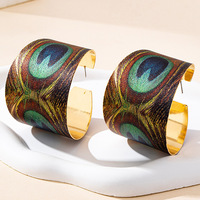 JLD-109 Pendientes de Aleación con Forma de C, Estilo Étnico Vintage, con Plumas de Pavo Real para Mujer
