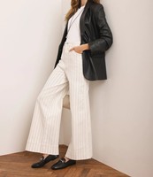 Jean droit blanc à fines rayures, taille mi-haute, coupe ample, en coton/polyester, résistant à la décoloration, lavable, style vintage, élégant et décontracté