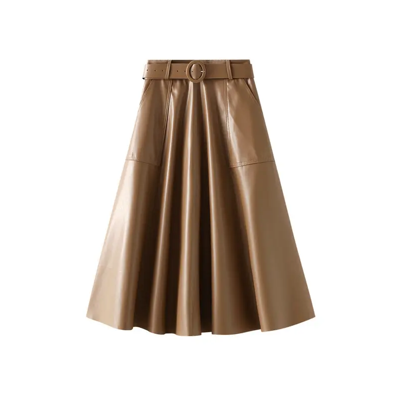 Ladies Autumn Winter PU Leather Skirts Solid Elegant Vintage High Waist A-line Long Skirt With Belt Pocket for Women