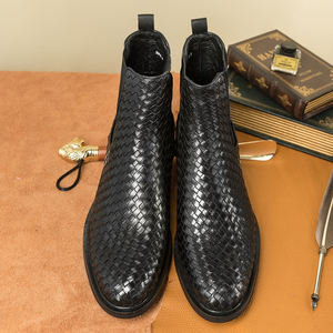 Bottines Chelsea noires printemps/hiver, motif tissé de haute qualité, cuir véritable, à enfiler, élégantes, bottines de luxe pour hommes - Product Image 3