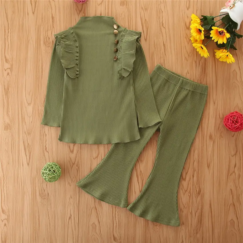 2021 nueva primavera de los niños conjunto de ropa de niña de niño niña sólido de Camisa + pantalones de campana con botones para 2-6T Rosa verde