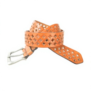 Ceinture en cuir de vachette rayée à découpes géométriques style bohème Equipro avec boucle ardillon carrée argentée, style décontracté, durable, moulage monobloc - Product Image 1