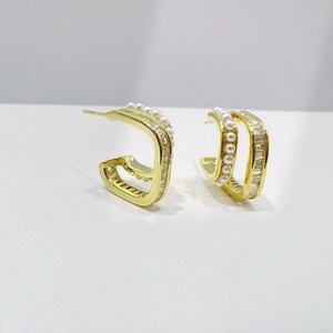 custom plata 925 sterling <b>silver</b> Gold Plated <b>Huggie</b> Earring Round Brilliant Cut wedding Classic geometric pearl stud earrings - Product Image 2