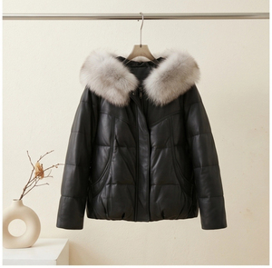 Veste en duvet pour <span class=keywords><strong>femme</strong></span> en véritable peau de mouton, <span class=keywords><strong>manteau</strong></span> court à capuche avec col en fourrure de renard pour l'<span class=keywords><strong>hiver</strong></span> - Product Image 2