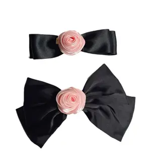 Fashion Women Large Barrette Black Fabric Pink Rose Hair Bow for Fragrant Accessories