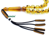 Winon Haute Qualité 10mm 45 perles Tesbih en Bakélite Jaune Ambre, avec des perles en forme de fourmis à l'intérieur, et pompons faits main, pour la prière musulmane