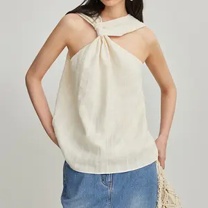 Özel yeni varış yaz 2023 tasarımcı bej pamuk keten büküm üst kolsuz moda gevşek Halter T Shirt kadınlar için