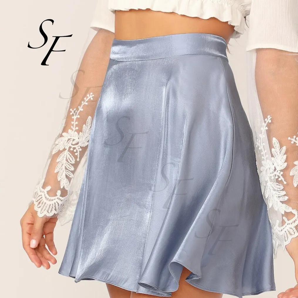 Custom summer casual party luxury plain elastic waist flare short length silk fabric satin evening flared skirts