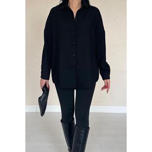 Camisa Larga Holgada Elegante Negra para Mujer, Poliéster, Color Sólido, Estilo Europeo, Prenda Casual - Product Image 3