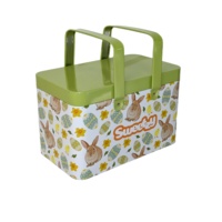 Boîte en métal rectangulaire avec poignée en cuir, panier en métal personnalisé imprimé pour Pâques, pour bonbons, biscuits, chocolat, rangement de cadeaux