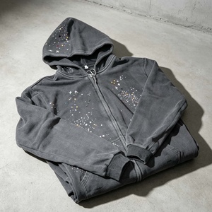 Sudadera con capucha extragrande para hombre, con cremallera, de algodón 100%, estilo urbano con pedrería personalizada, corte holgado - Product Image 3