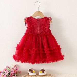 Vestido de Tul Rojo para Niña Pequeña, Vestido de Fiesta con Volantes, Mangas con Lazo, Vestido de Princesa para Fiesta de Cumpleaños Infantil - Product Image 2