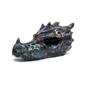 天然モス瑪瑙ドラゴンヘッド中国ドラゴンビースト動物モデル手作り彫刻装飾ギフト用
